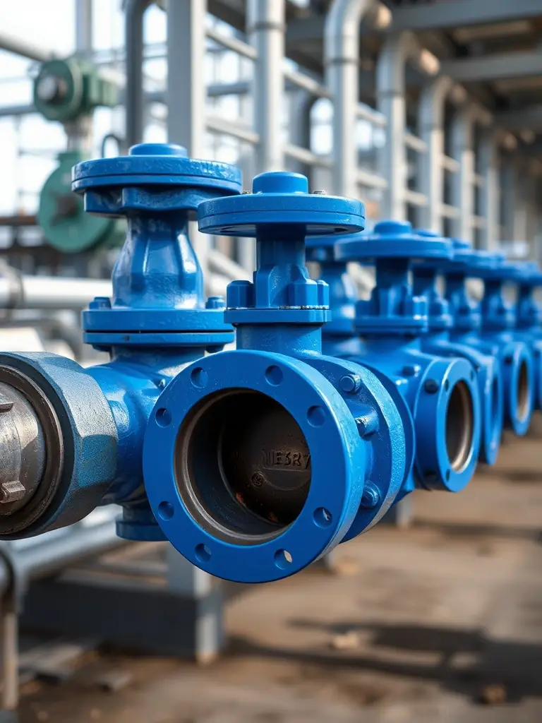 A detailed close-up image of blue ductile iron valves installed on a water pipeline, highlighting their robust construction and secure sealing mechanisms.