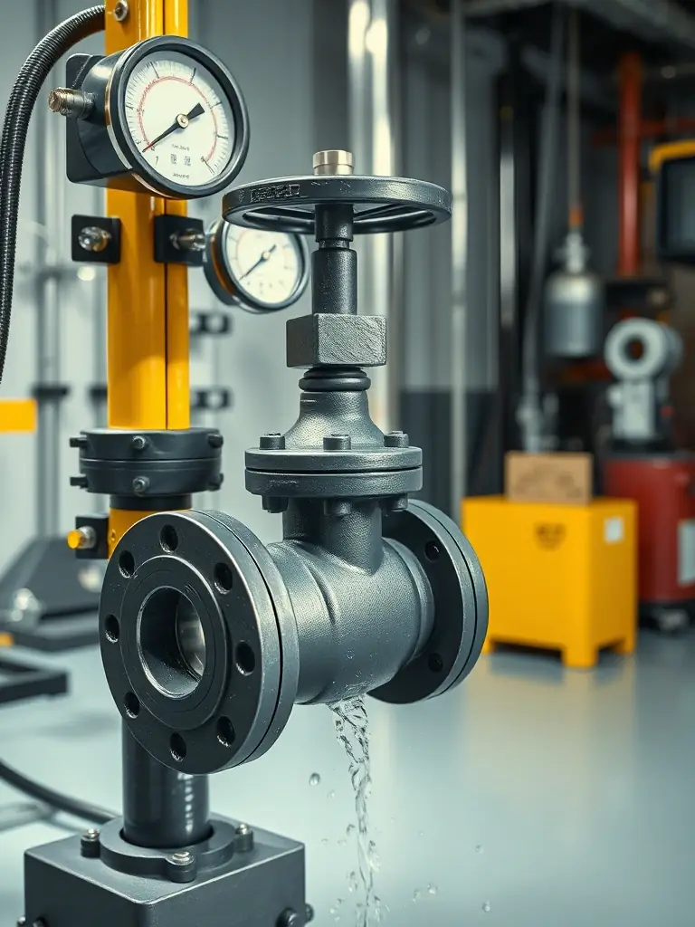 A high-resolution photograph showcasing a pressure test being conducted on a ductile iron valve in a laboratory setting. The valve is connected to testing equipment, and gauges display pressure readings. Focus on the water spraying from the valve.