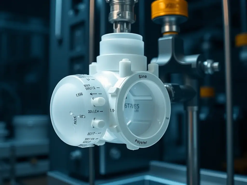 A high-resolution image of a polyethylene fitting connected to a hydrostatic pressure testing apparatus. The fitting is filled with water and pressurized, and the focus is on monitoring for leaks or deformation.