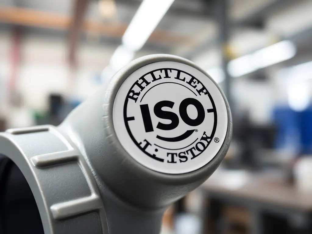 A close-up shot of a polyethylene fitting with an ISO certification label clearly visible, highlighting the company's commitment to international standards.