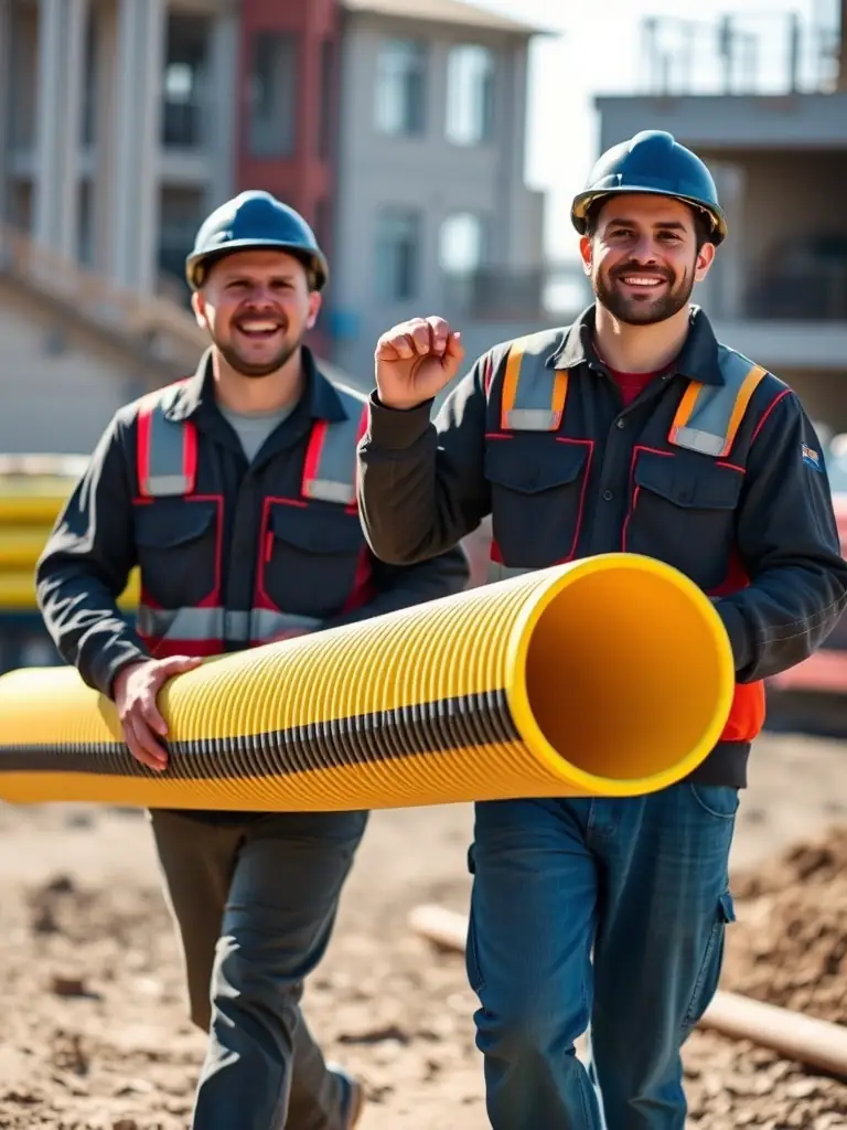 Two workers effortlessly carrying a long section of double-wall corrugated polyethylene pipe, showcasing its lightweight design and ease of handling. The workers are smiling, indicating the ease of the task.