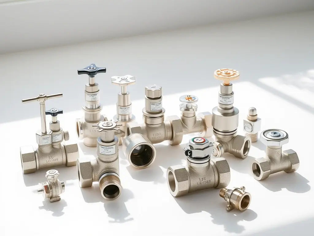 A detailed image showcasing a variety of valves and fittings, each labeled with key technical specifications such as size, pressure class, and material type. The image is well-lit and professionally styled to convey precision and technical expertise.