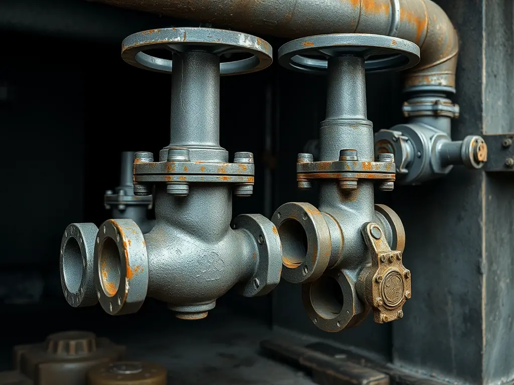 A photograph of cast iron valves and fittings used in an industrial setting, showcasing their resistance to corrosion and harsh chemicals.