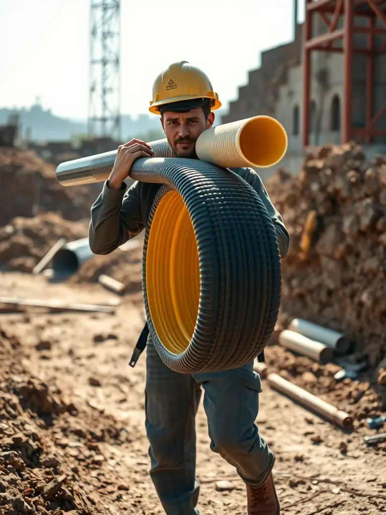 A photo showing a worker easily carrying a long section of lightweight single-wall PE pipe at a construction site, emphasizing its ease of handling and reduced labor costs.