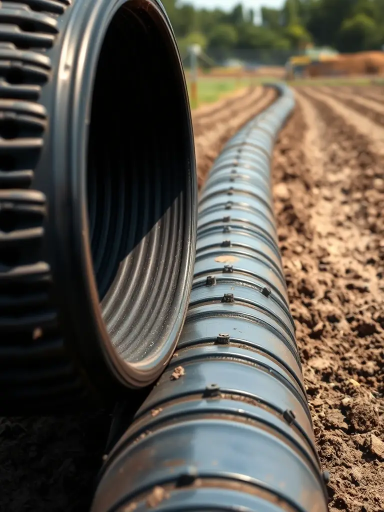 A close-up shot of a large-diameter black HDPE pipe being installed in an agricultural field, with irrigation sprinklers visible in the background.