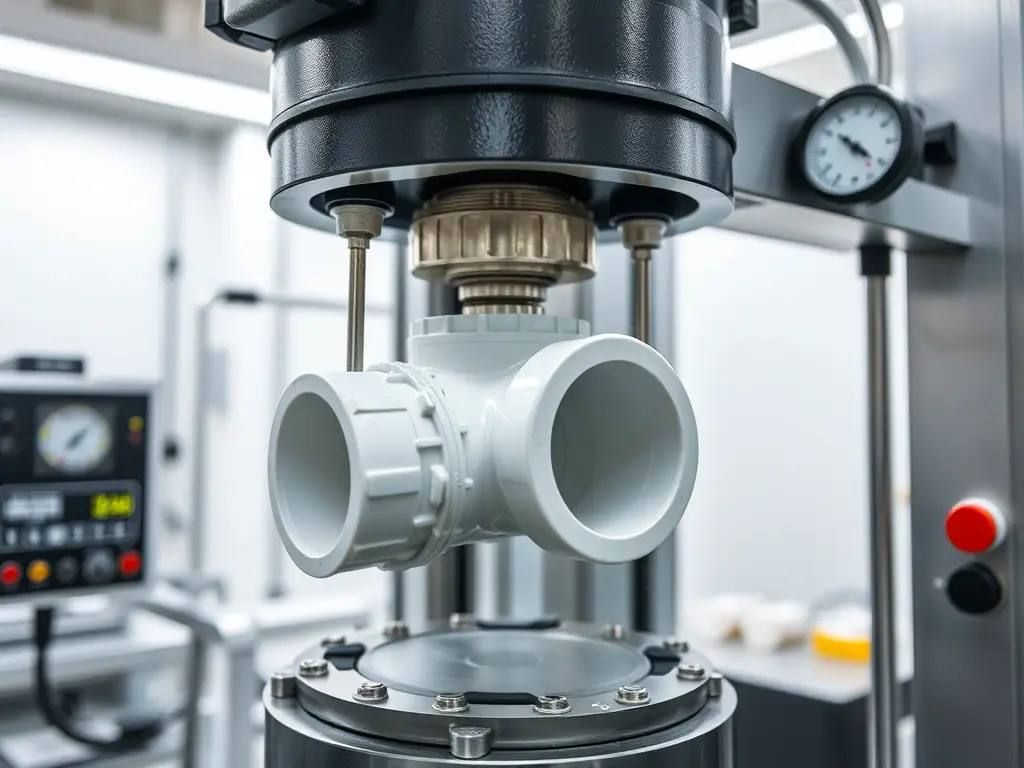 A photograph of a polyethylene fitting undergoing testing in a lab, showcasing the rigorous quality control processes.