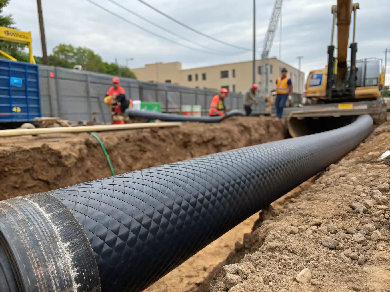 A close-up shot of a section of the double-walled polyethylene sewage pipe, highlighting the corrugated design and the smooth inner surface. The pipe is partially buried in soil, demonstrating its flexibility and resistance to deformation.