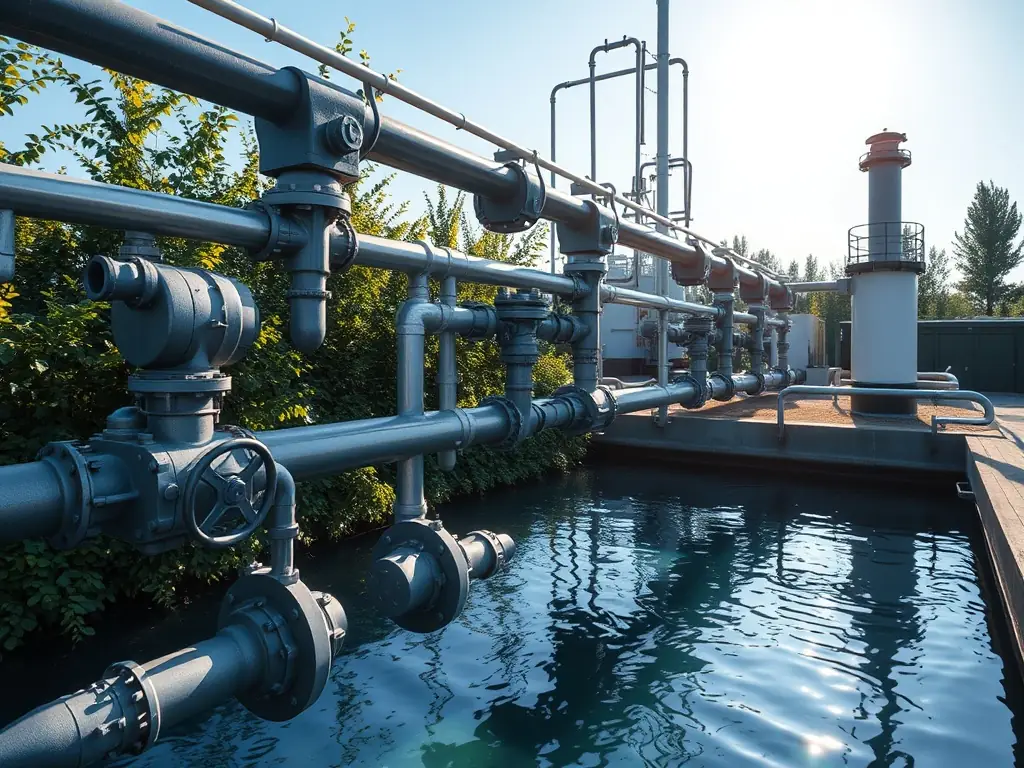 A high-resolution photograph showcasing a newly installed ductile iron valve in a water pipeline system, emphasizing its robust construction and corrosion-resistant coating. The surrounding environment should suggest a commitment to sustainable water management practices.