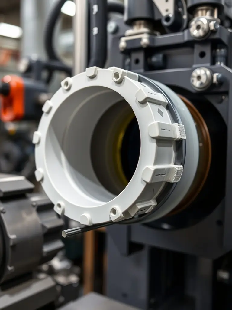 An image of the corrugation process in action, highlighting the formation of the characteristic corrugated pattern on the outer wall of a polyethylene pipe at Azaraksh Novin Mehregan Javid.