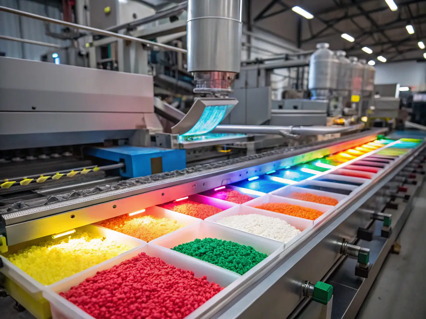 A photograph depicting the polyethylene fitting production line at Azaraksh Novin Mehregan Javid's manufacturing facility, showcasing the automated processes and quality control measures in place.