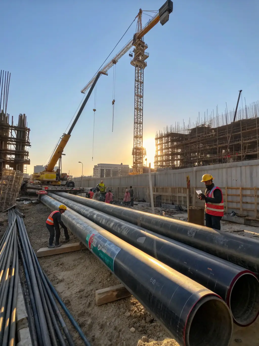 A photograph capturing the flexibility of a single-wall PE pipe as it navigates around obstacles during installation in a complex water pipeline project, highlighting its adaptability.