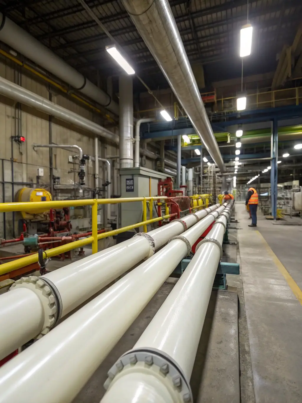 A photo of newly extruded polyethylene pipes undergoing a cooling process, with water spray and temperature monitoring equipment visible at Azaraksh Novin Mehregan Javid.