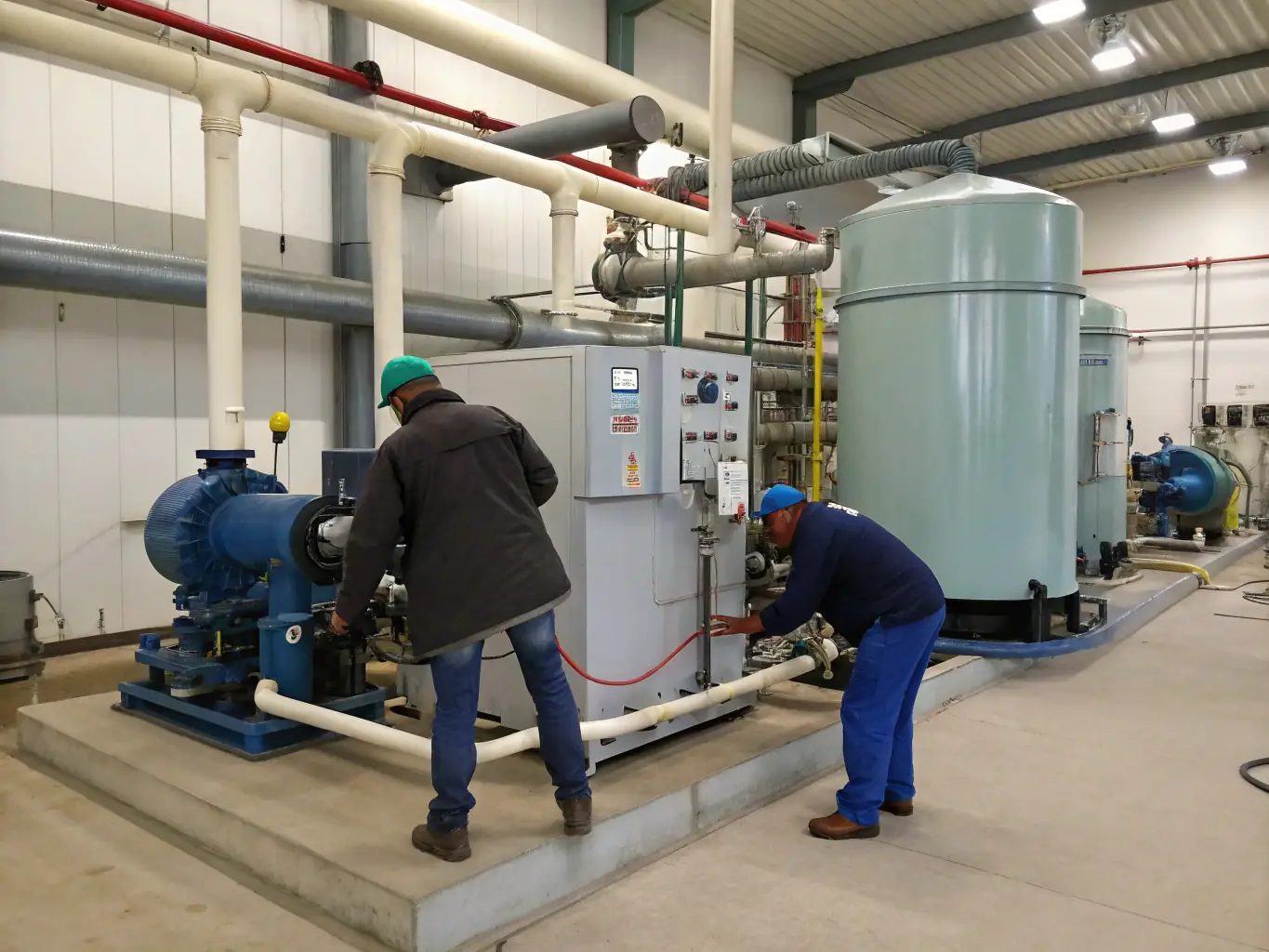 A photo of an industrial wastewater treatment plant with double-wall corrugated polyethylene pipes visible, highlighting their use in handling chemical effluents. The pipes are connected to a large tank.
