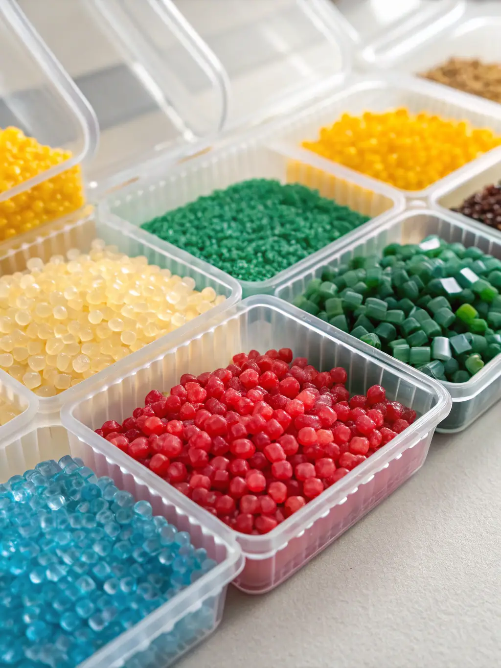 An image of various colored polyethylene granules, demonstrating the color masterbatch compounding process and the range of customization options available for pipeline identification.