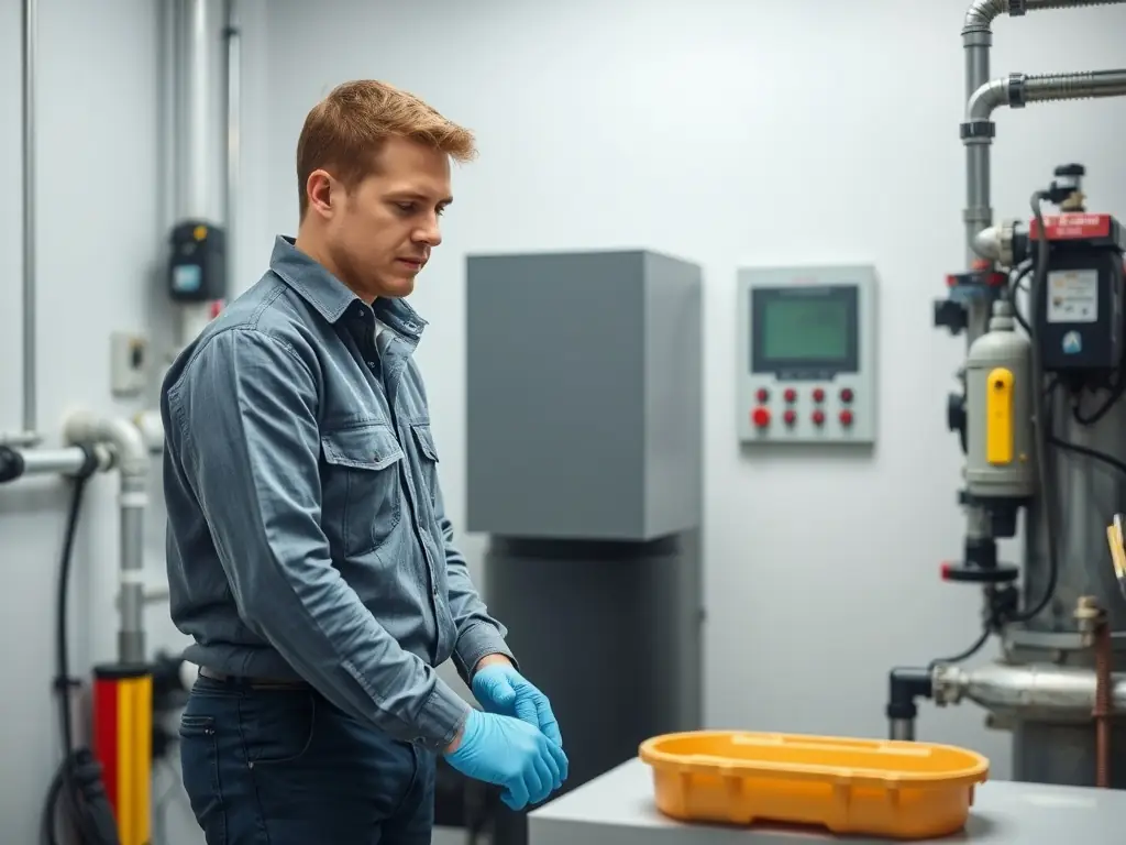 A photograph of a technician performing routine maintenance on a cast iron fitting, highlighting the ease of access and simple design that facilitates quick and efficient servicing. The setting should be a modern water treatment plant.