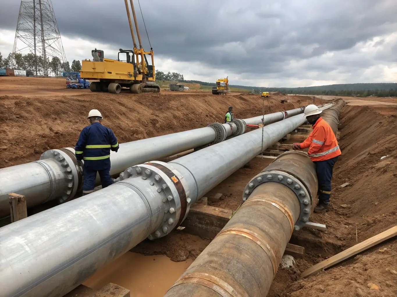 A wide shot of a construction site where double-walled polyethylene sewage pipes are being installed as part of a new sewage system. Workers are connecting the pipes, and heavy machinery is visible in the background.