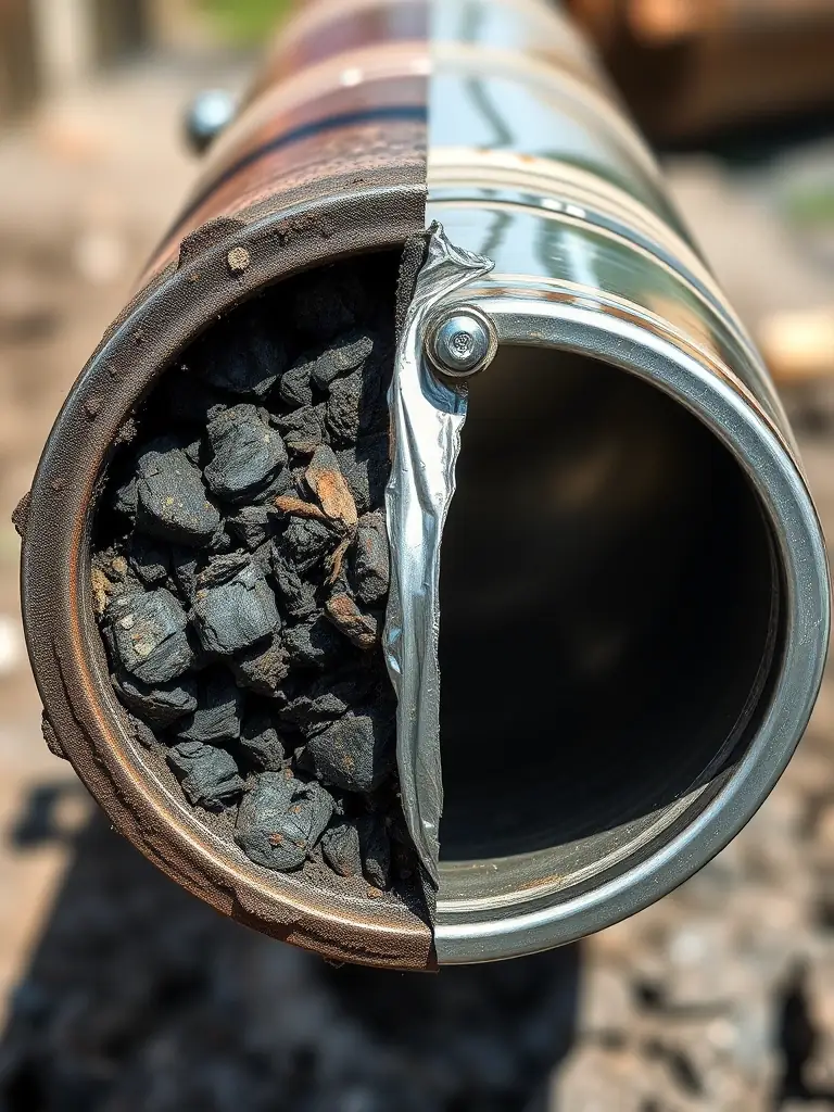 A photo comparing a section of rusty metal pipe next to a pristine section of PE pipe, visually highlighting the corrosion resistance of PE material.