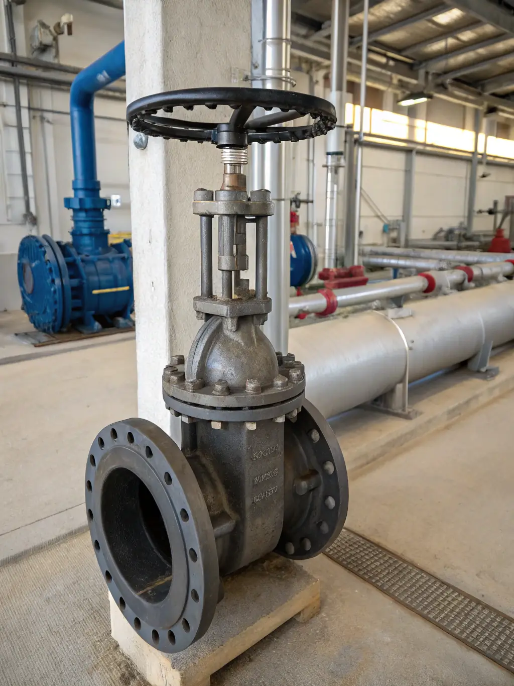 A high-resolution photograph showcasing a ductile iron gate valve installed in a water treatment plant, emphasizing its robust construction and blue color.