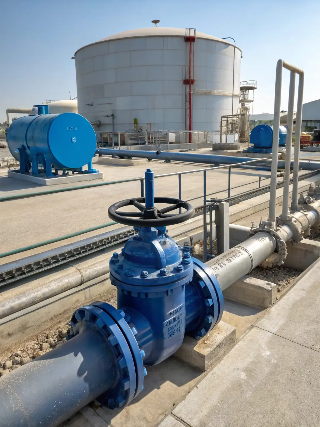 A close-up shot of a ductile iron valve, showcasing its robust construction and smooth finish, emphasizing its strength and durability in a water pipeline setting.