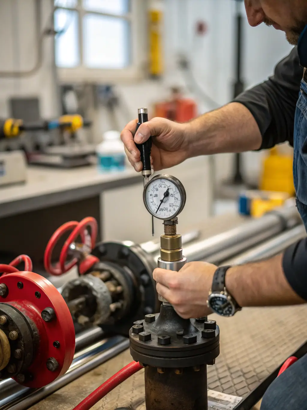 A technician using precision measuring tools on a valve component, emphasizing the accuracy and tight tolerances achieved through precision machining for optimal performance.