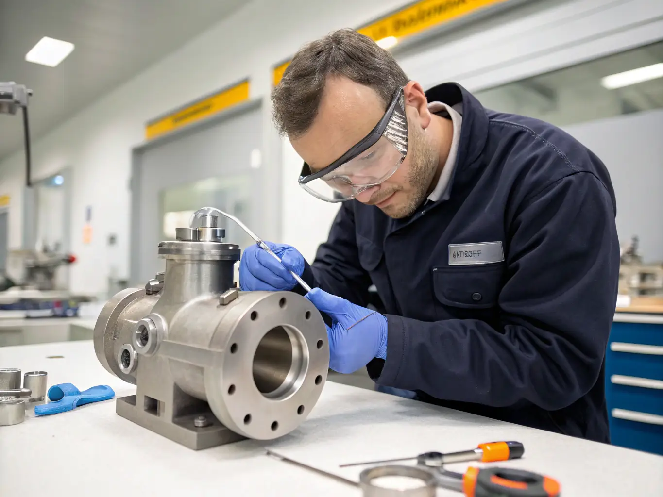 A close-up shot of a technician in a clean, modern laboratory setting, meticulously inspecting a ductile iron valve with precision instruments. The focus is on the valve's surface and the technician's focused expression, highlighting the attention to detail in the quality control process.