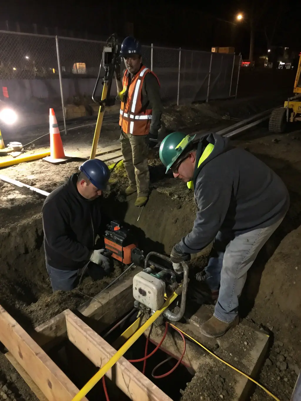 A photograph of yellow inner, black outer corrugated PE pipes being installed underground to protect electrical cables, with workers in safety vests overseeing the process.