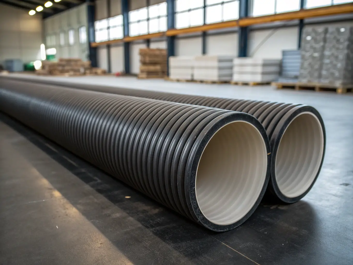 A close-up shot of a large-diameter double-wall corrugated polyethylene pipe being installed in a trench, highlighting its size and the ease of handling during installation.