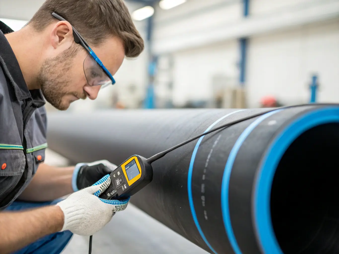 A close-up shot of an HDPE pipe with the ISO certification mark clearly visible. The pipe is being inspected by a quality control engineer in a laboratory setting.