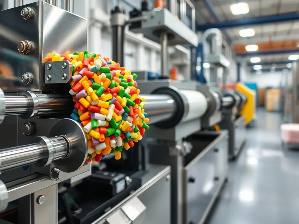 A high-angle shot of the double-walled polyethylene sewage pipe production line, showcasing the extrusion process with molten polyethylene forming the corrugated structure. The yellow inner layer and black outer layer are clearly visible.
