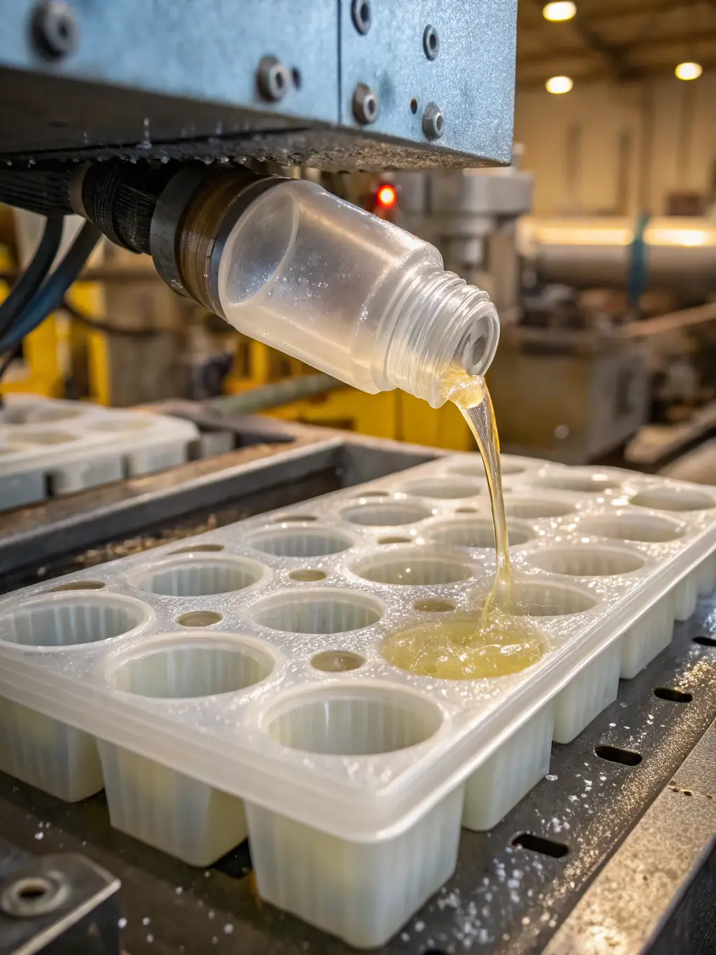A detailed view of the extrusion process, showing molten polyethylene being shaped into the inner and outer walls of a pipe at Azaraksh Novin Mehregan Javid's plant.