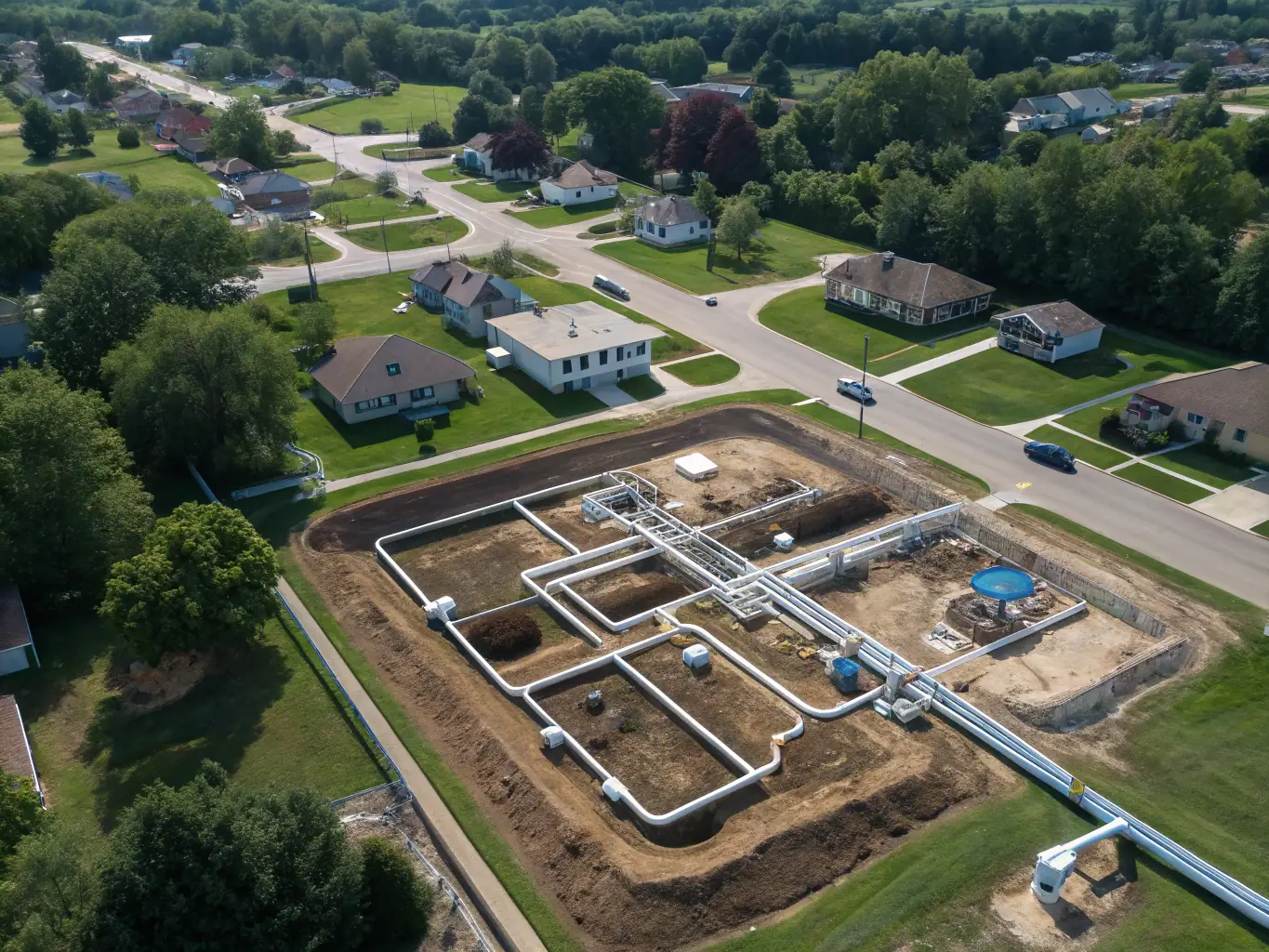 A photo of a municipal sewage system installation using double-wall corrugated polyethylene pipes, showcasing the yellow inner layer and black outer layer. The pipes are neatly arranged in a trench, ready for connection.
