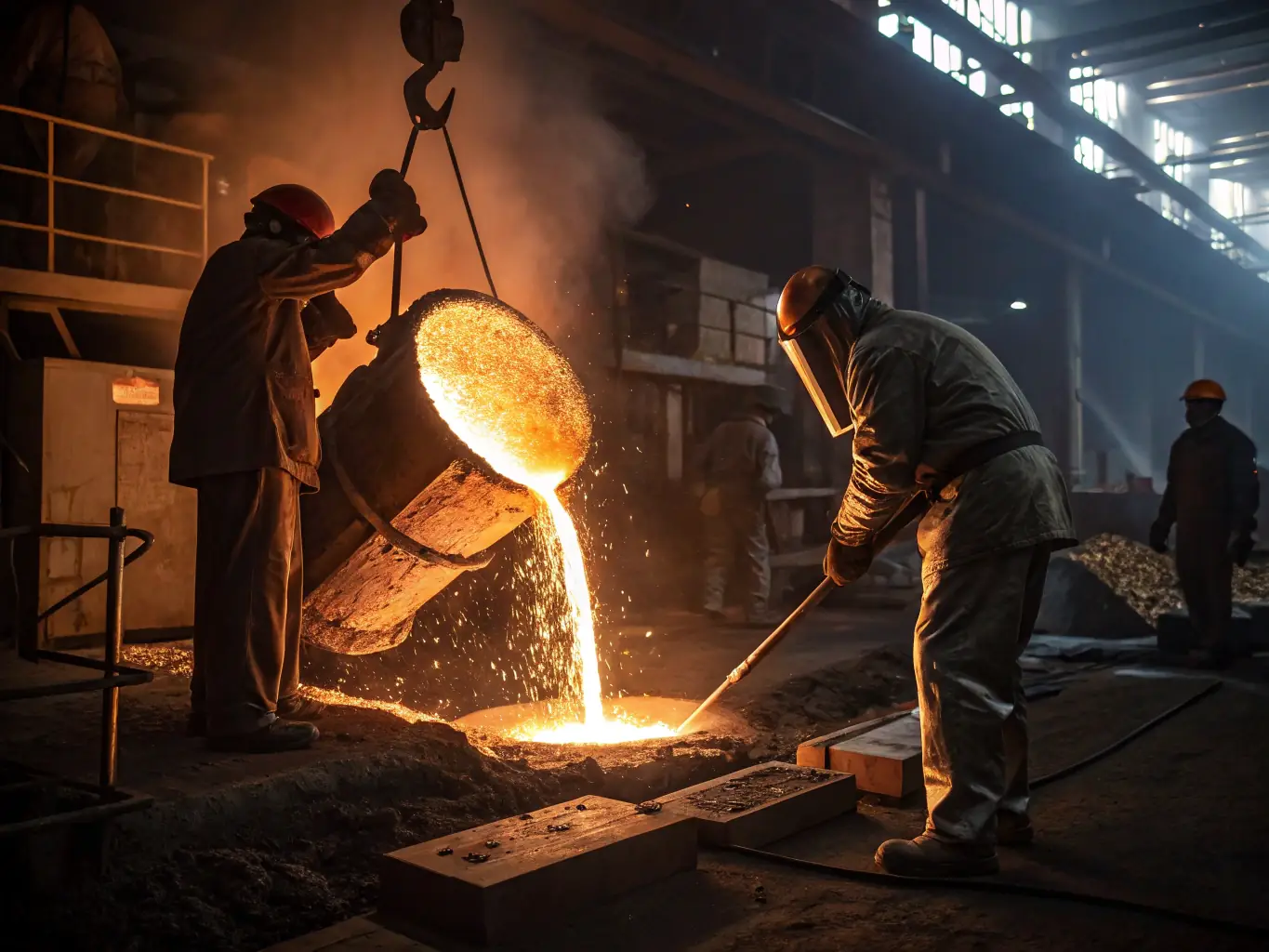 A photograph showcasing the casting process of a ductile iron valve in a modern foundry, with molten metal being poured into a mold. Safety equipment is visible, emphasizing the controlled environment.