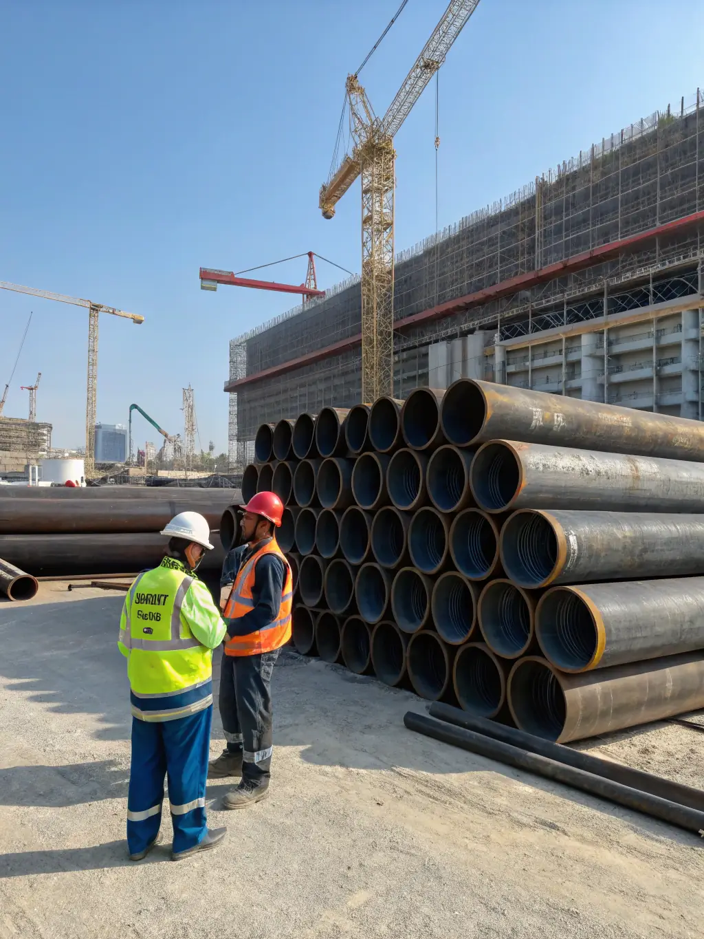 A high-resolution photo showcasing a long, continuous length of black PE pipe being unrolled across a construction site, emphasizing its flexibility and ease of installation.