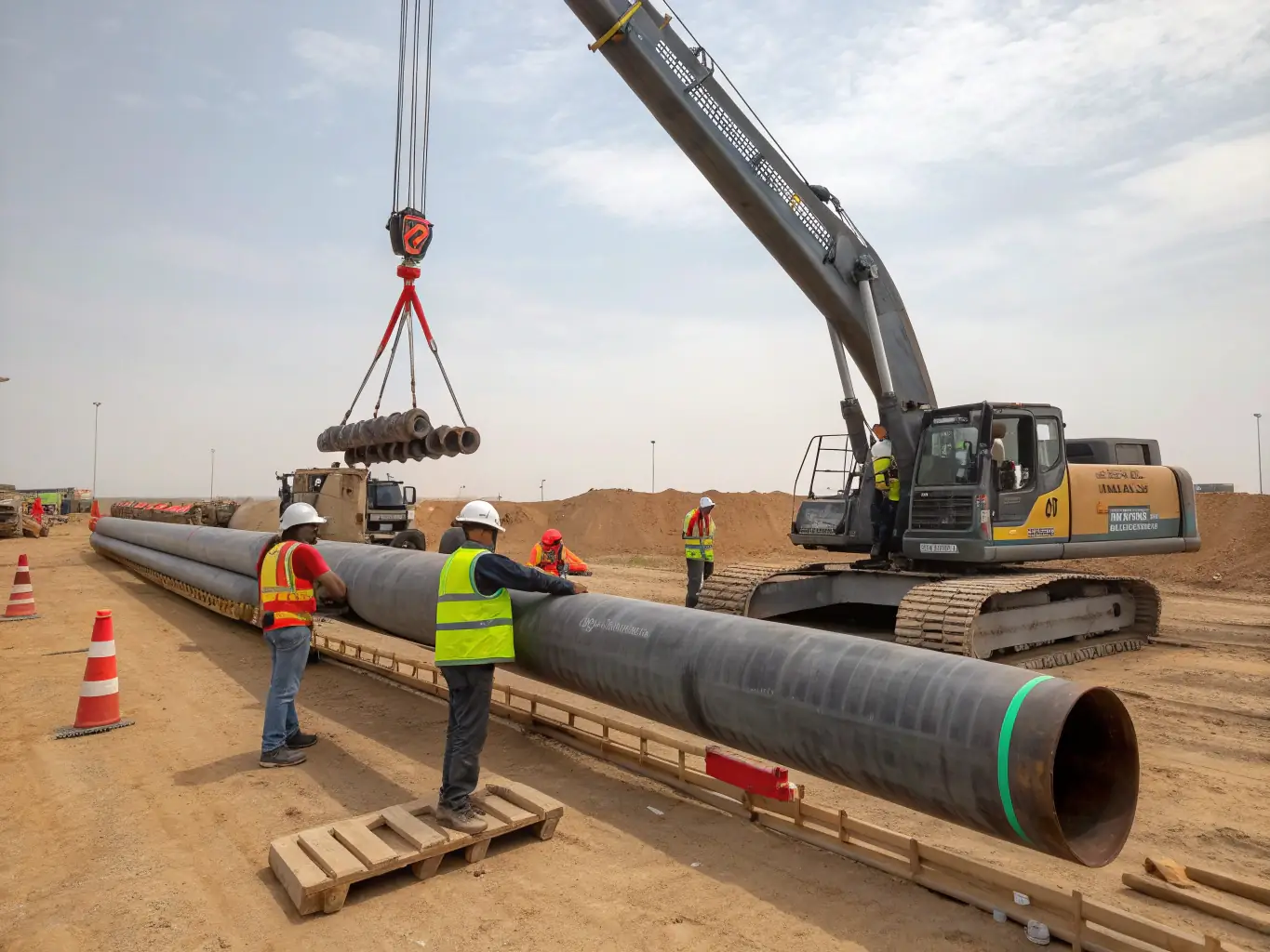A high-angle shot of a construction site showing a partially buried double-wall corrugated polyethylene pipe, with workers nearby and heavy machinery in the background, emphasizing the pipe's use in underground infrastructure.