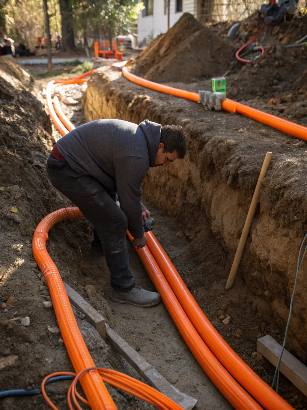 A worker easily bending a long section of double-wall corrugated polyethylene pipe, demonstrating its flexibility and ease of handling during installation. The pipe is bending without any visible stress or damage.