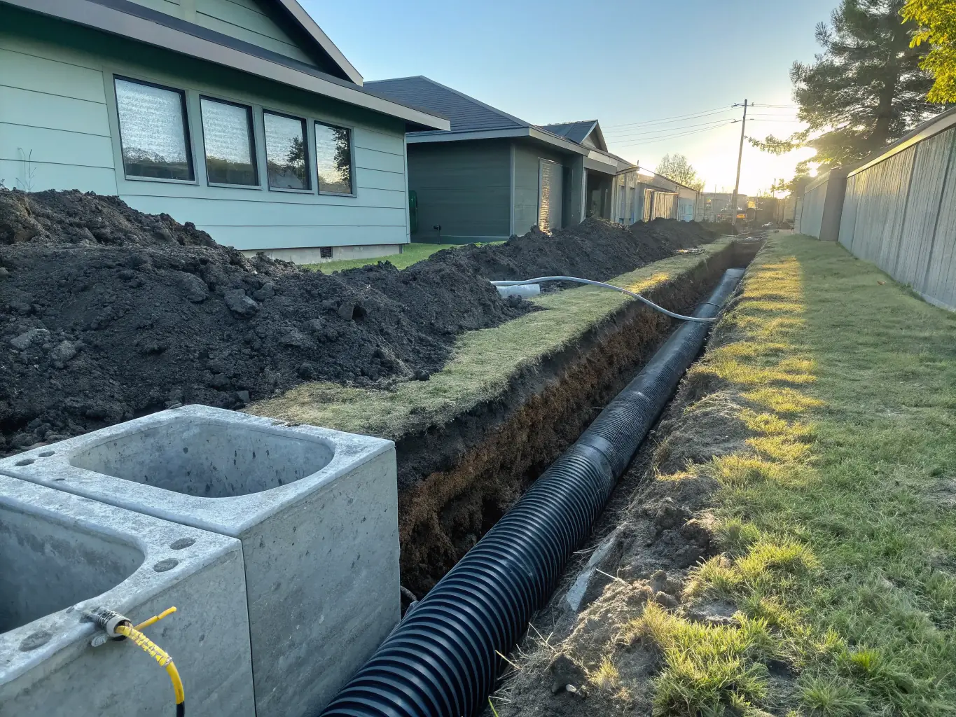 A photo of a stormwater drainage system using double-wall corrugated polyethylene pipes, showing the pipes installed underground with a drainage inlet above. The surrounding area is green with grass.