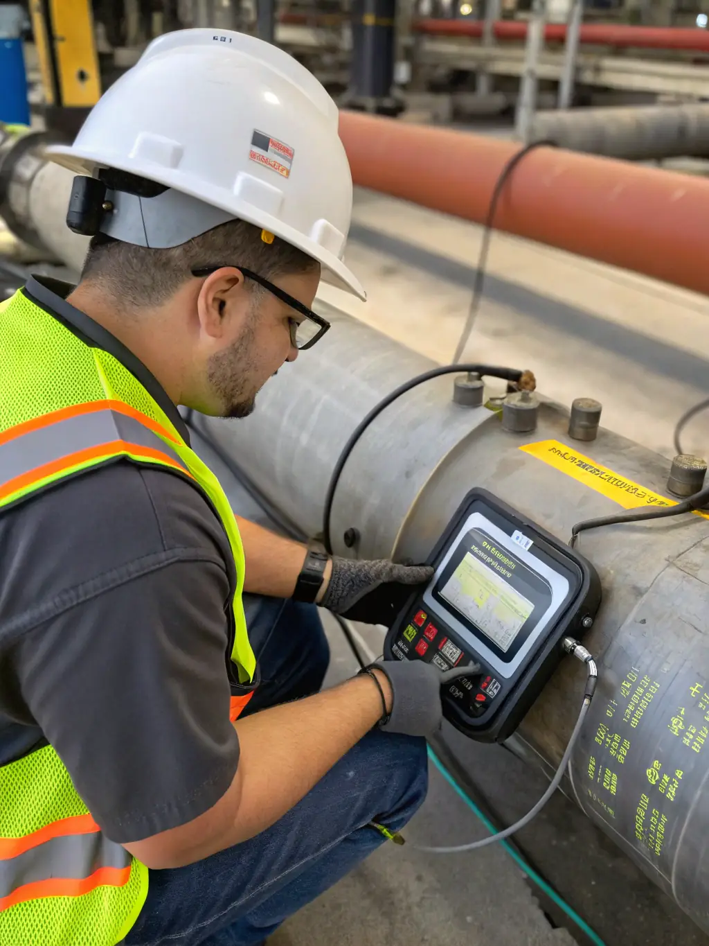 A close-up shot of a technician inspecting a cast iron fitting for leaks using specialized equipment. The fitting is brightly lit to highlight any potential defects or seepage.