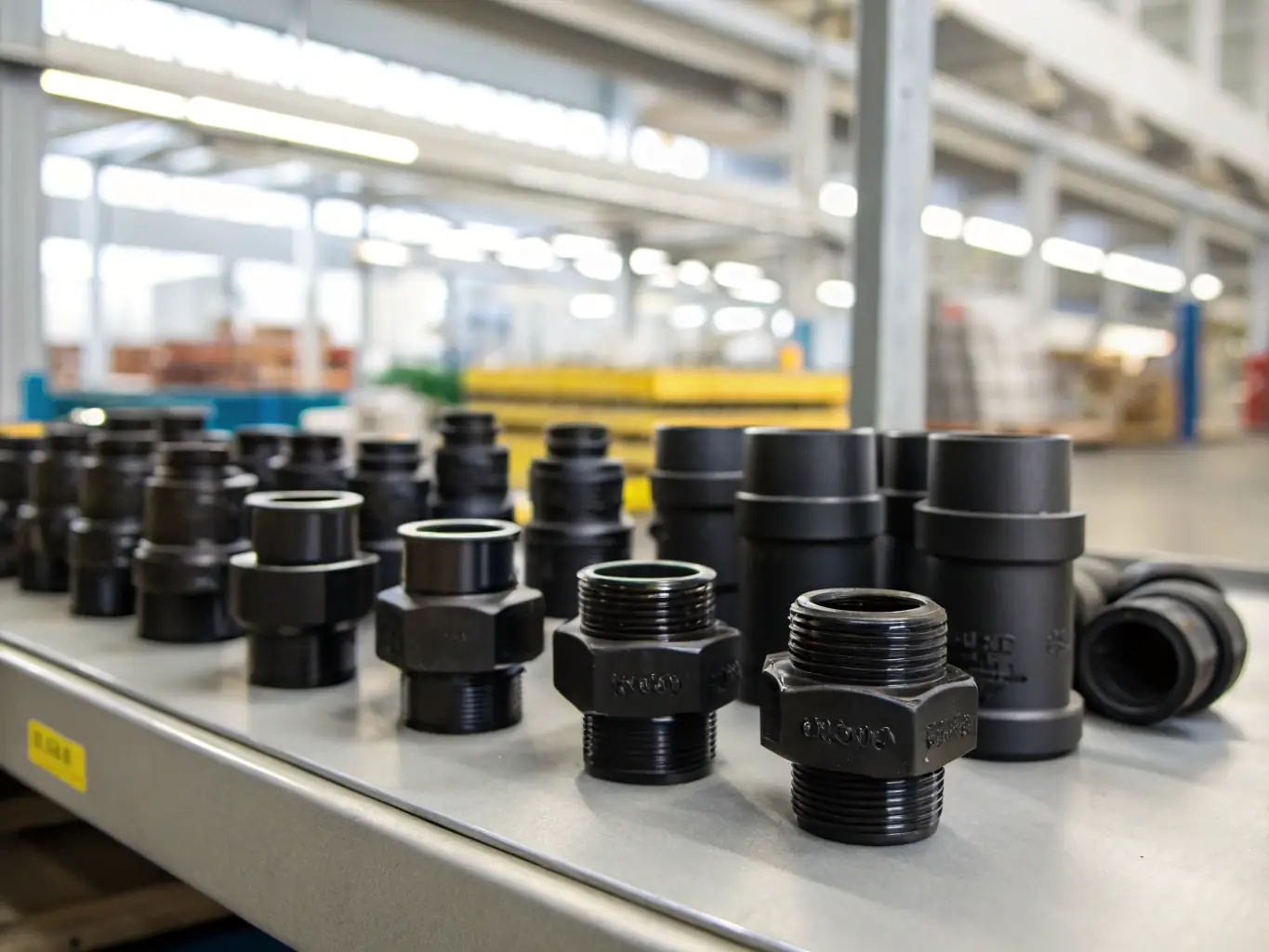 A photograph showcasing various types of polyethylene fittings (elbows, tees, couplings) laid out on a table, highlighting their smooth surfaces, precise dimensions, and robust construction.