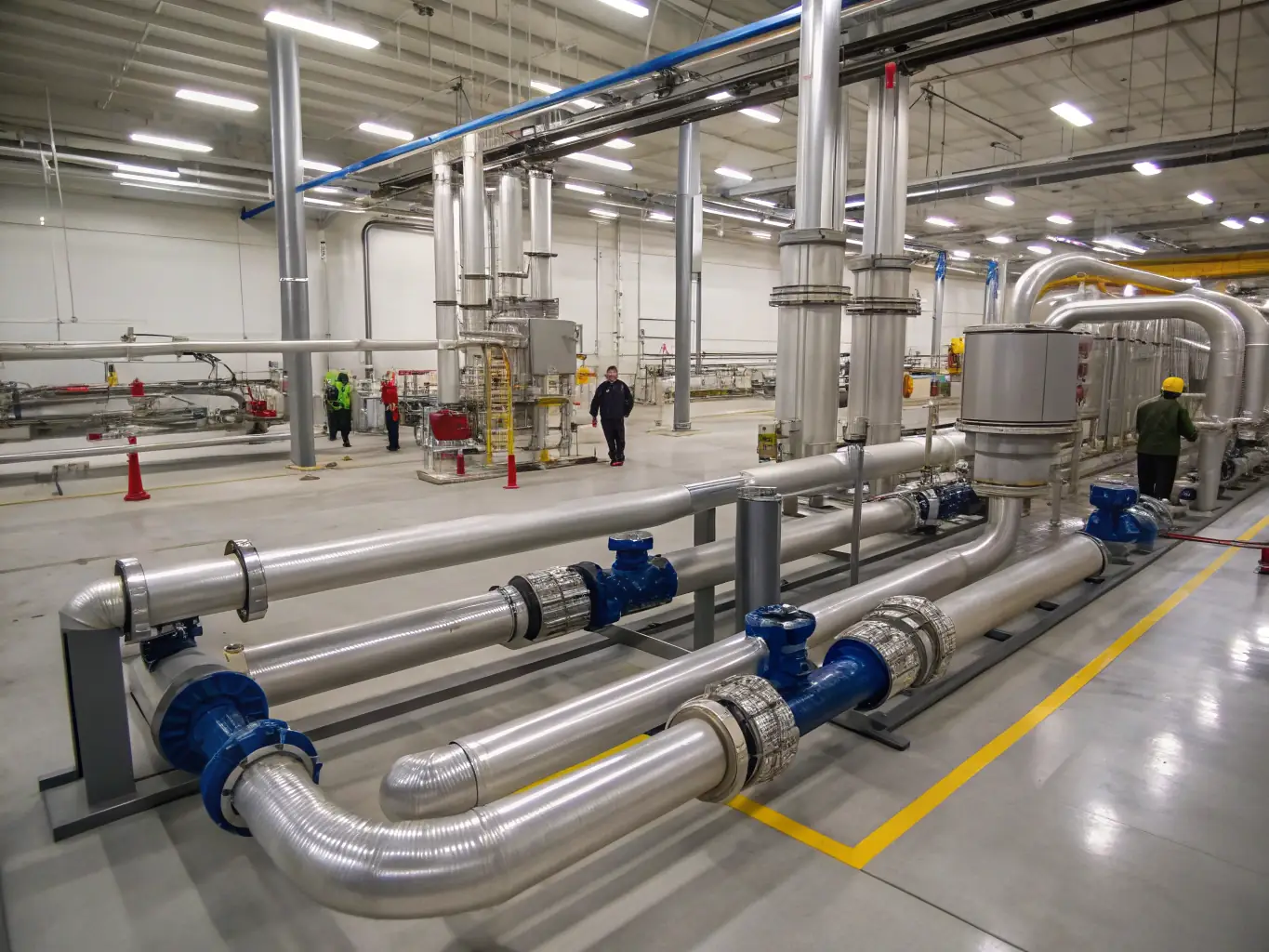 A photo of Single-Wall PE Pipes being used in an industrial setting for transporting chemicals, with safety signage visible in the background. The image highlights the pipe's chemical resistance.