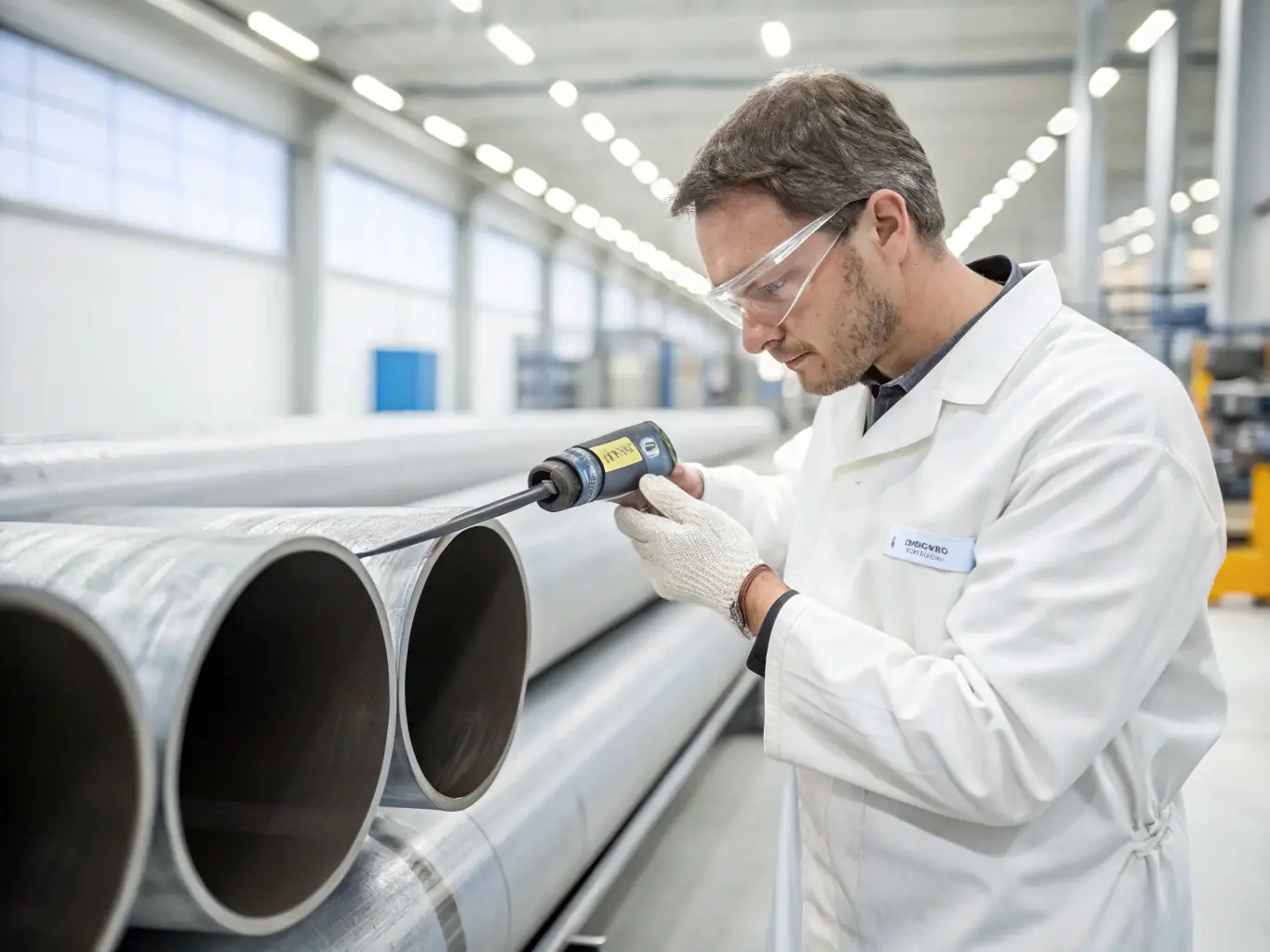 A photo of a technician using a digital caliper to measure the diameter of an HDPE pipe, ensuring it meets the specified DIN standard. The background shows a quality control lab.