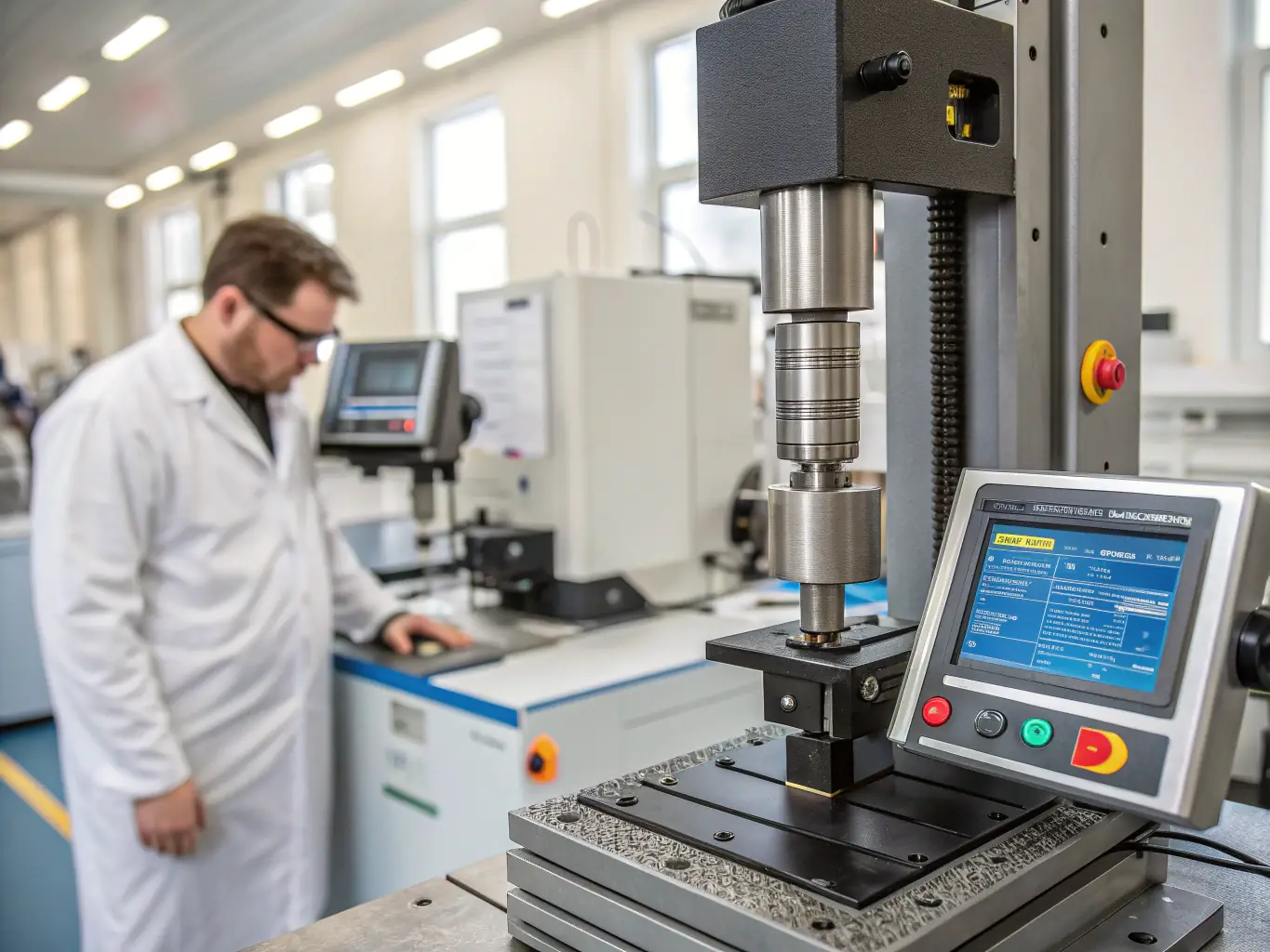 A high-resolution image depicting a tensile test being performed on a polyethylene fitting in a laboratory setting. The fitting is clamped in a tensile testing machine, and the focus is on the elongation and stress distribution within the material.