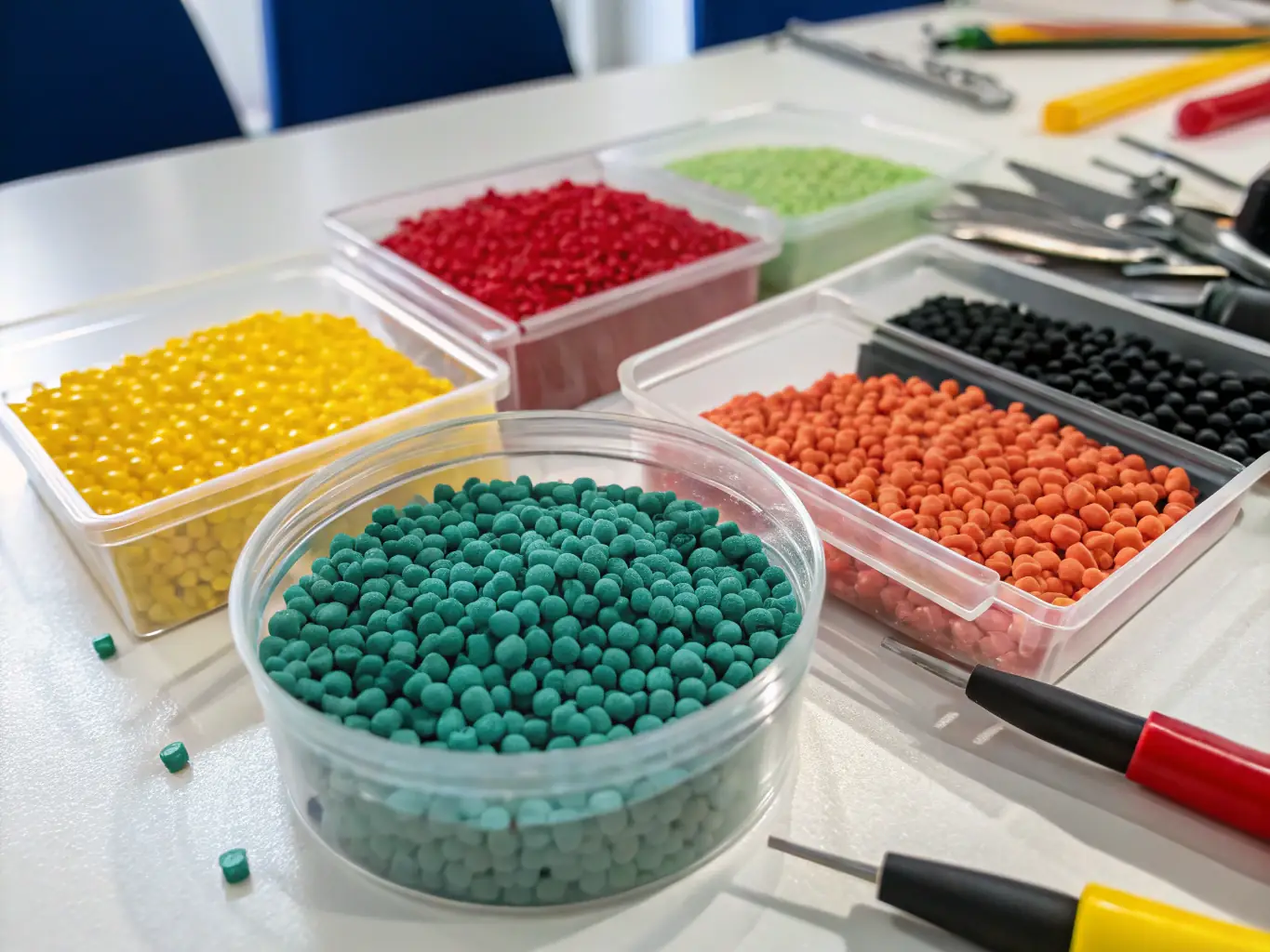 A close-up shot of polyethylene granules, showcasing their uniform size and shape, with a focus on their smooth surface texture, symbolizing the high quality and consistency of the material used in water pipelines.