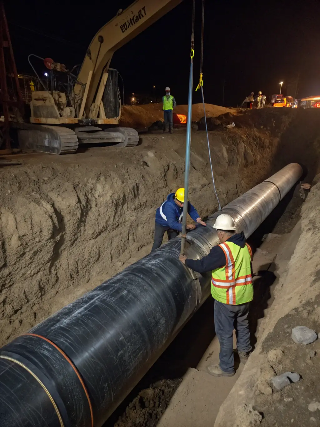 A high-resolution photo showcasing a section of a durable, single-wall PE pipe being installed in a water distribution network, emphasizing its robust construction and longevity in demanding environments.