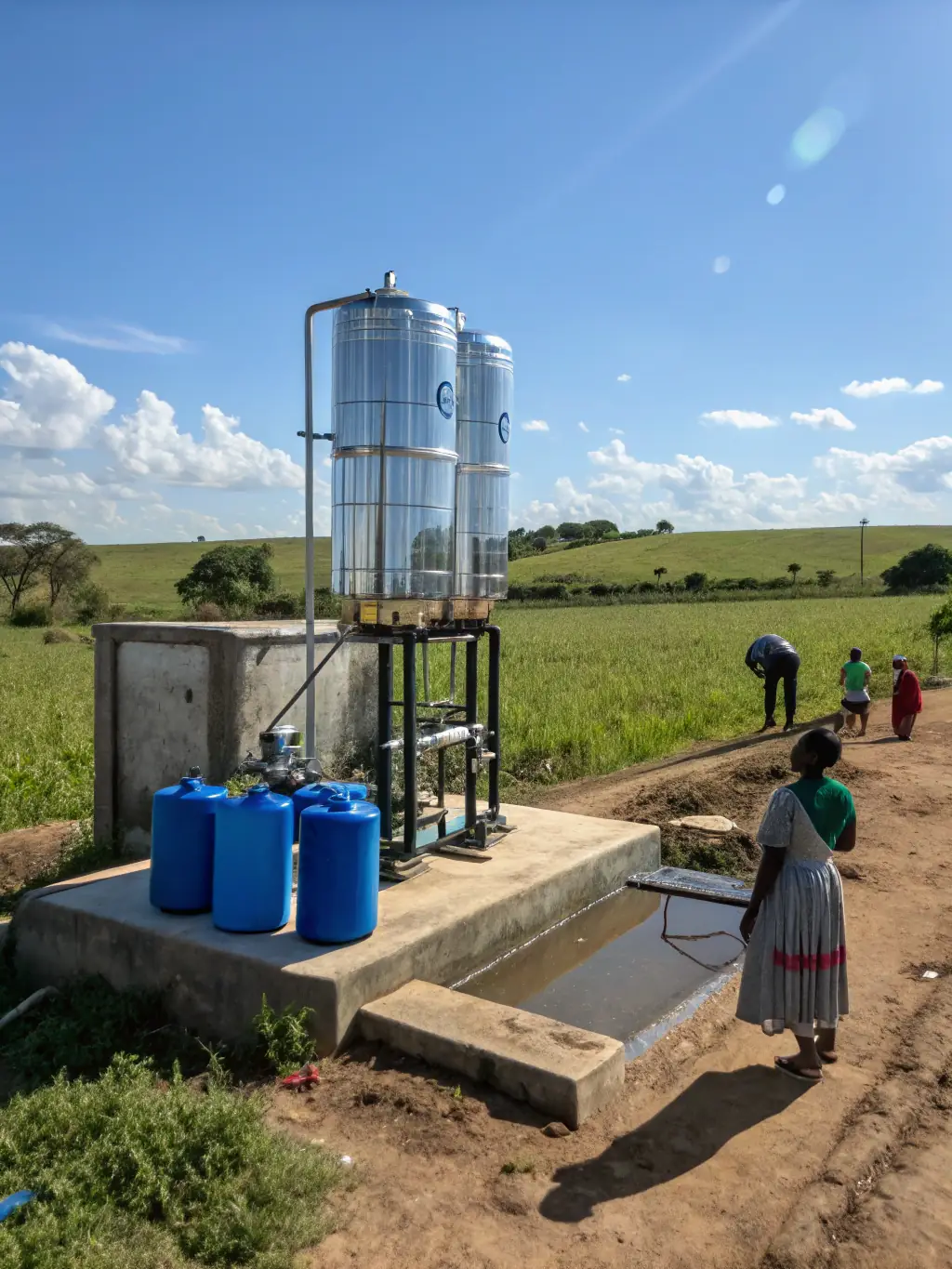 A medium shot of a rural water network installation, showing smaller-diameter HDPE pipes connecting to individual households.