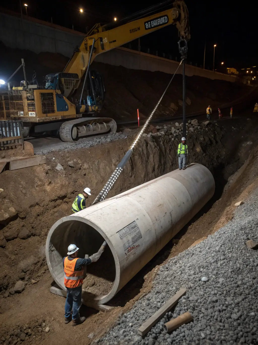 A photo of a large diameter PE pipe being installed using trenchless technology, showcasing the reduced excavation and environmental impact.