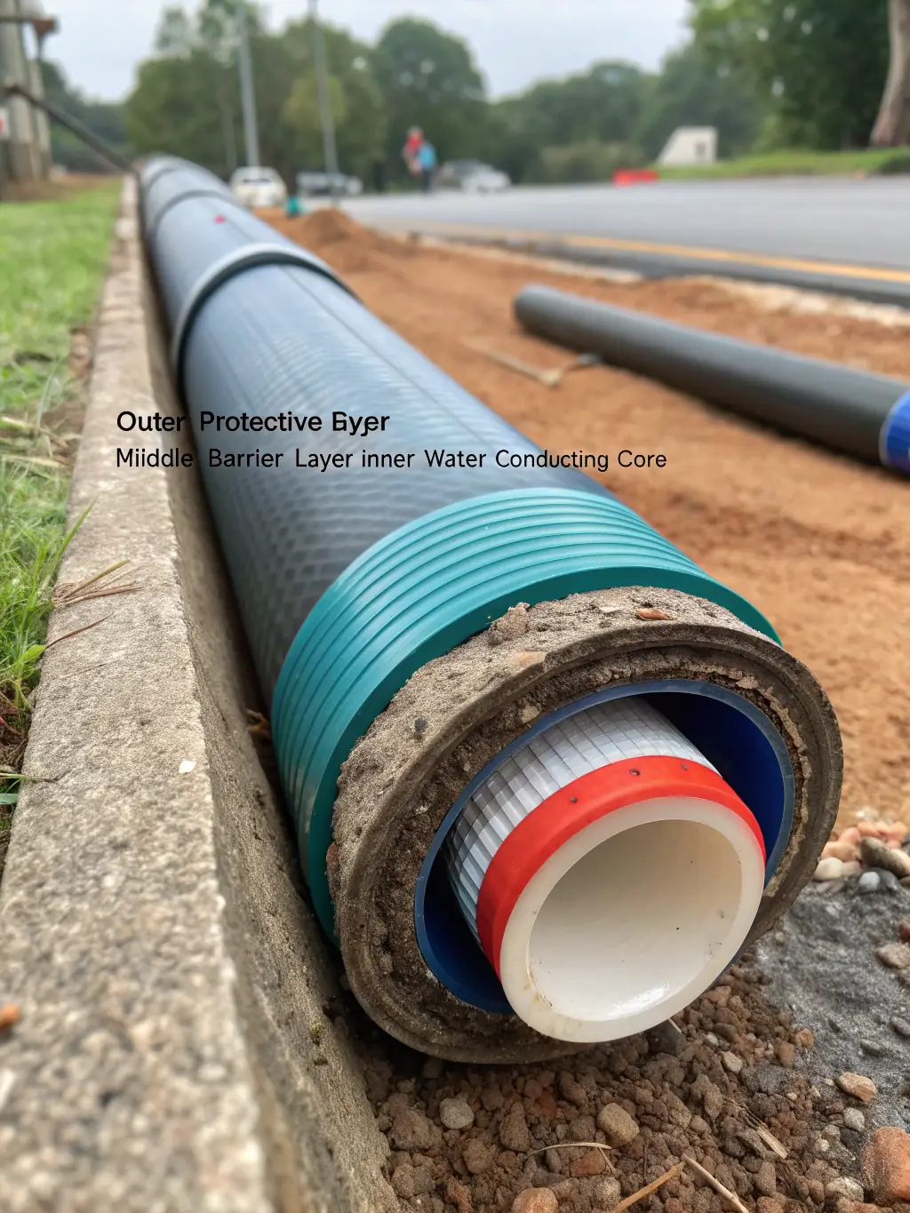 A cross-section of a double-wall corrugated polyethylene pipe submerged in soil, highlighting its resistance to corrosion and chemical degradation. The surrounding soil is damp, emphasizing the pipe's durability.