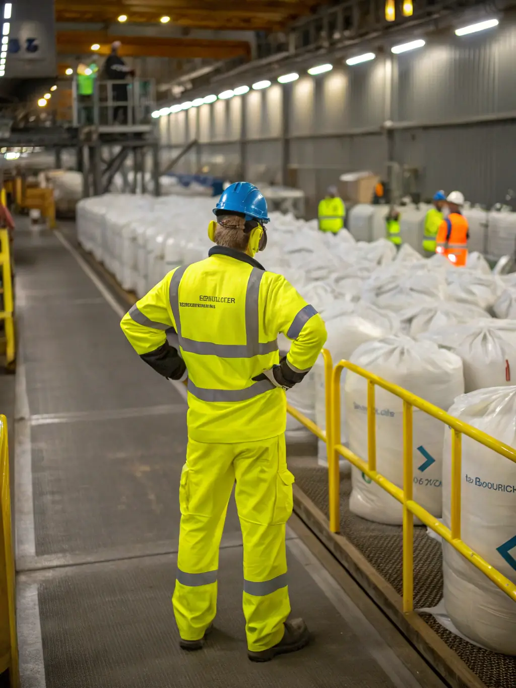 A worker in safety gear inspecting a batch of colored polyethylene granules, ensuring they meet the required color specifications for pipeline projects.