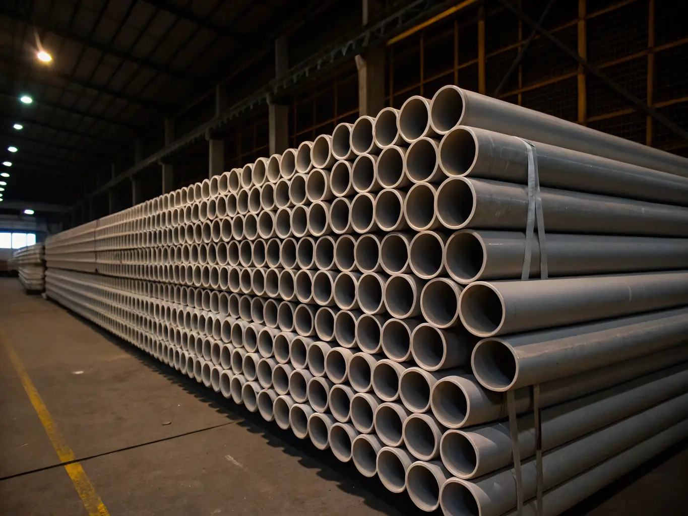 A high-angle, close-up shot of a stack of black HDPE pipes with yellow inner layers, neatly arranged in a storage yard, ready for deployment in a water infrastructure project.