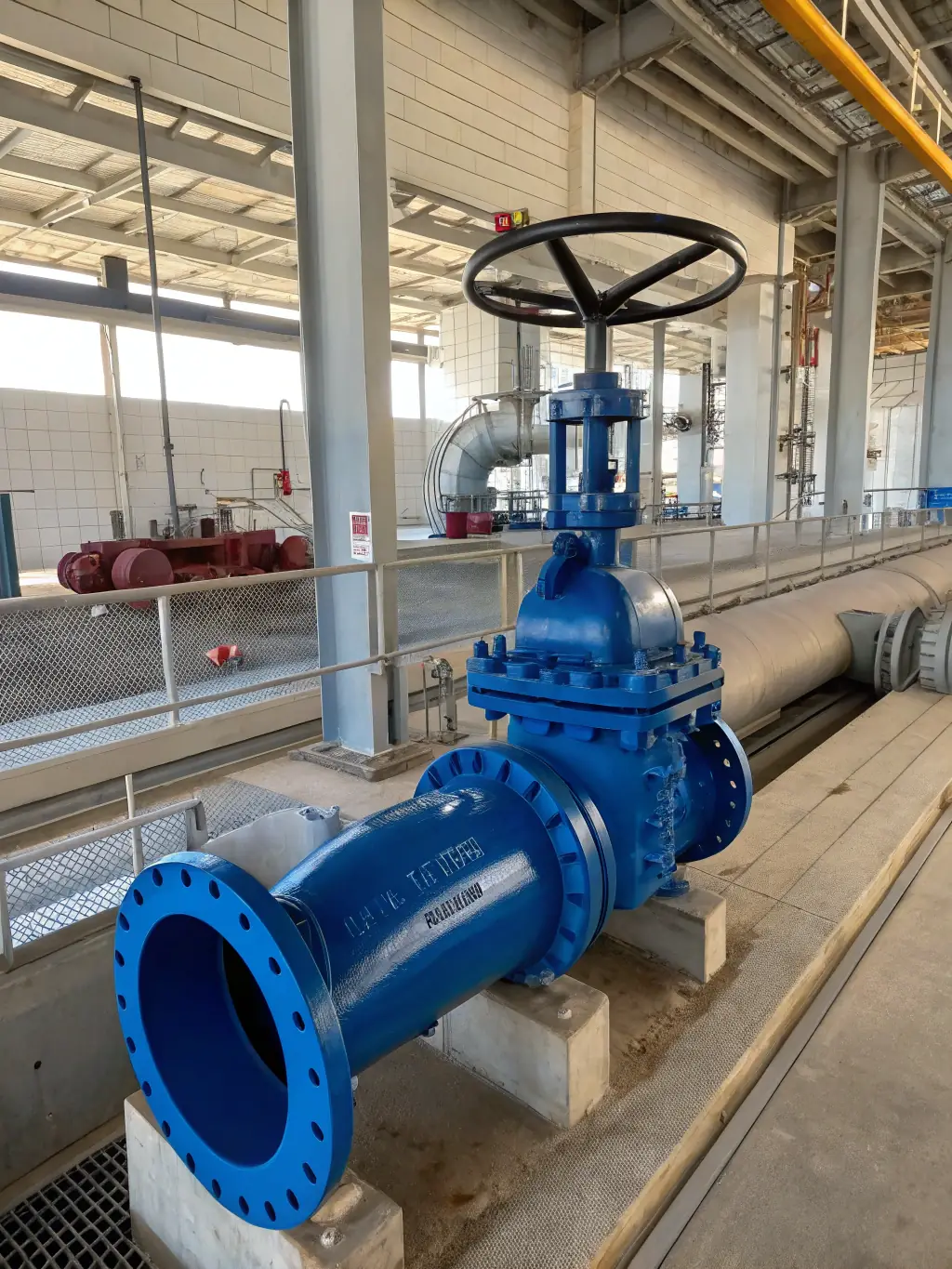 A close-up shot of a blue ductile iron valve connected to a network of black PE pipes, clearly showing the valve's brand (Azaraksh Novin Mehregan Javid) and its role in controlling water flow.