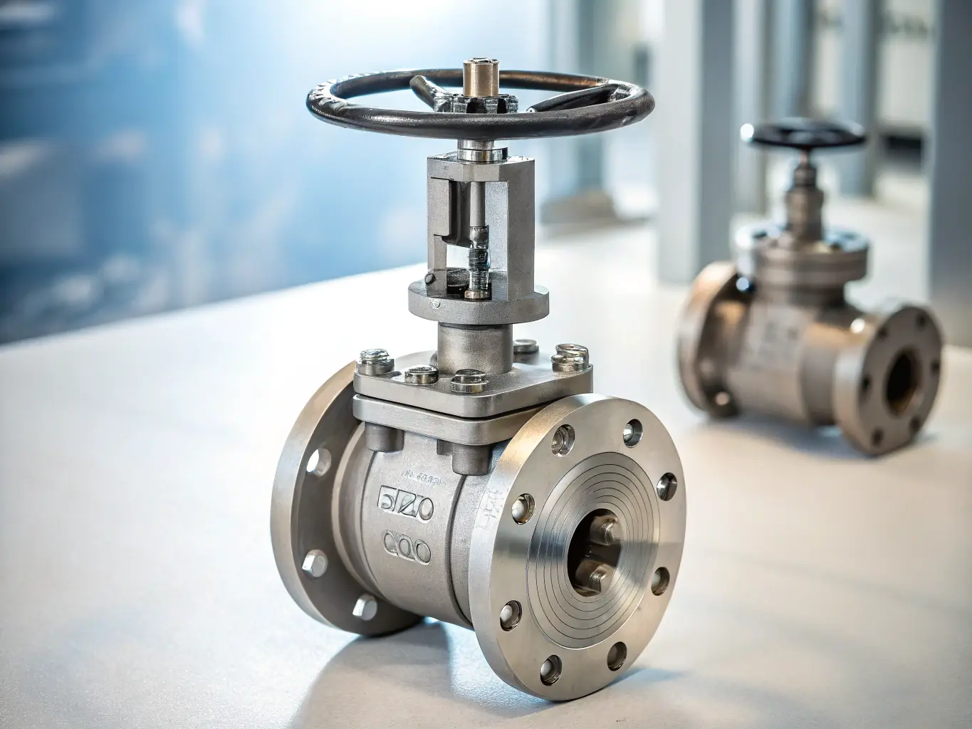 A close-up shot of a cast iron valve installed in an oil and gas pipeline, emphasizing its pressure resistance and ability to handle high-temperature fluids.